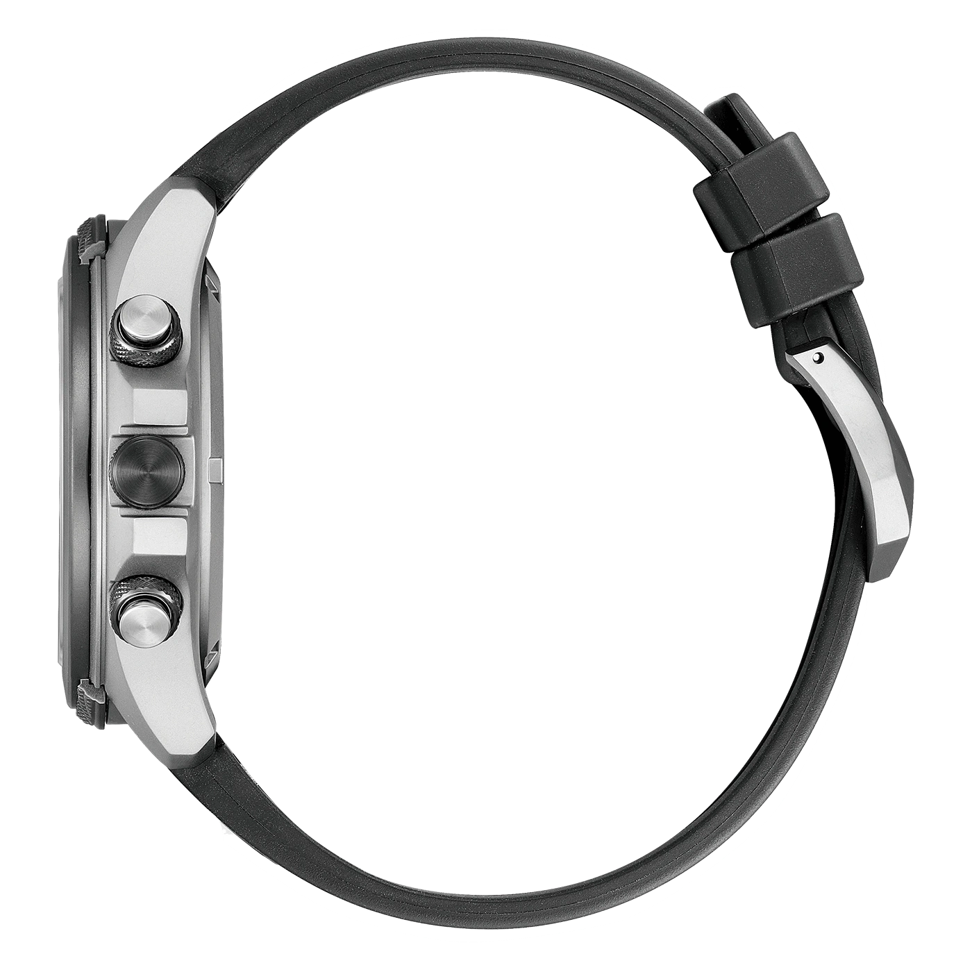 Seitenansicht einer silbernen Uhr mit schwarzem Armband und Knöpfen.