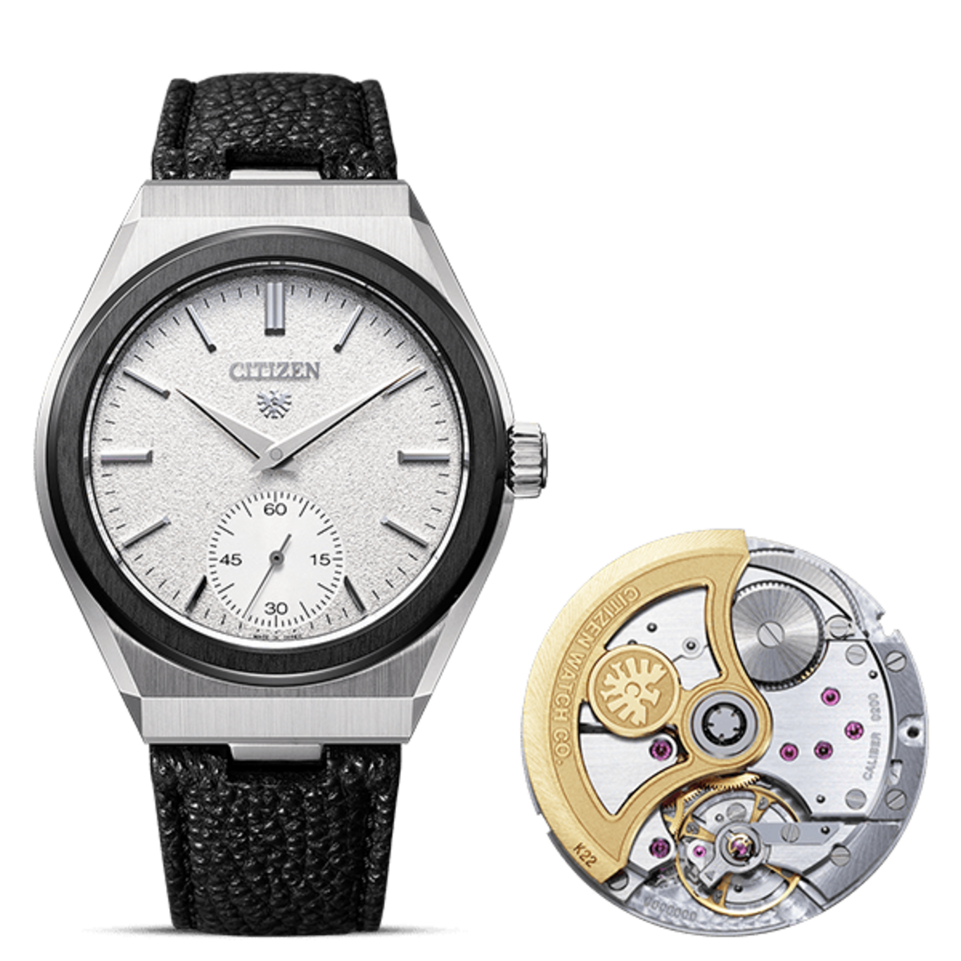Citizen-Uhr mit schwarzem Armband und Innenmechanismus.