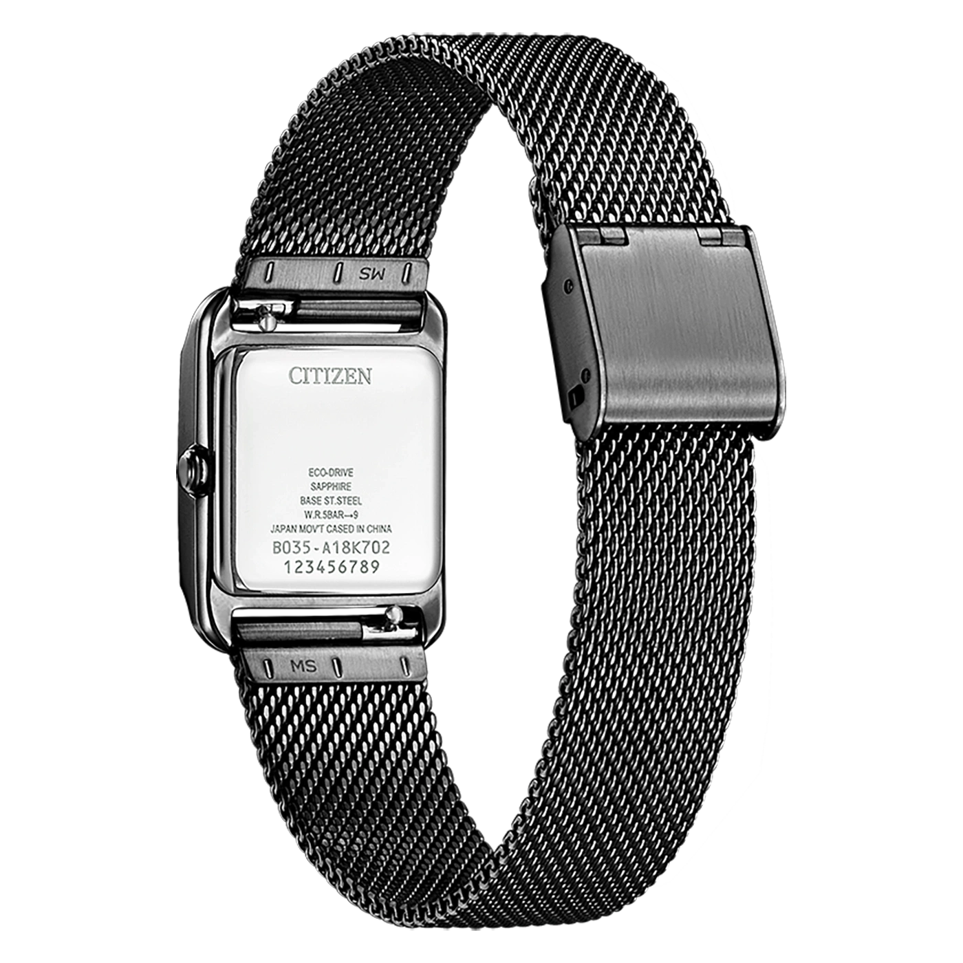 Citizen-Uhr mit schwarzem Mesh-Armband, Eco-Drive, Saphir, Edelstahl.