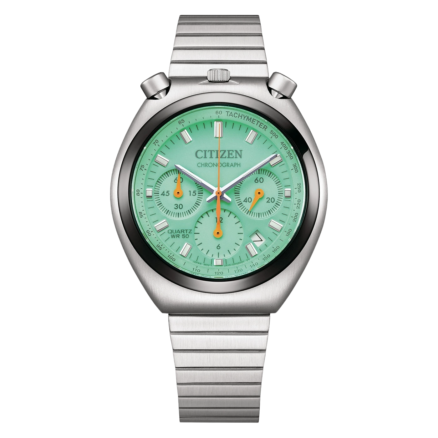 Eine mintgrüne Citizen Chronographenuhr mit silbernem Armband.