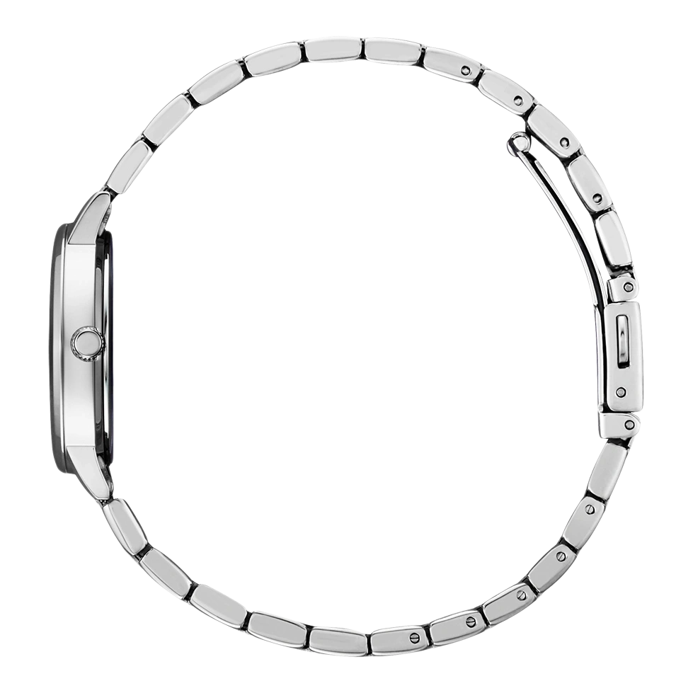 Seitenansicht einer silbernen Armbanduhr mit Metallband, elegantes Design.