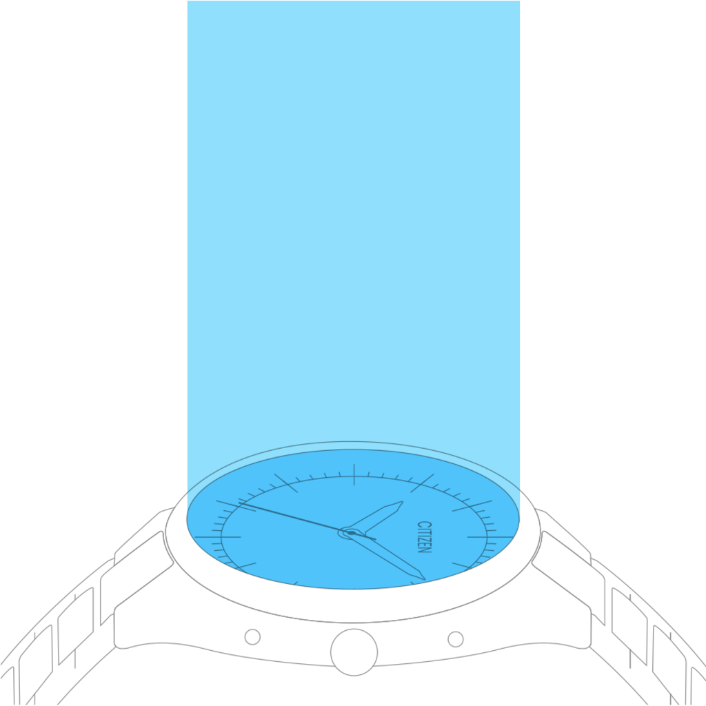 Citizen-Uhr mit blauem Zifferblatt und hellblauem Hintergrund, schwarzer Hintergrund