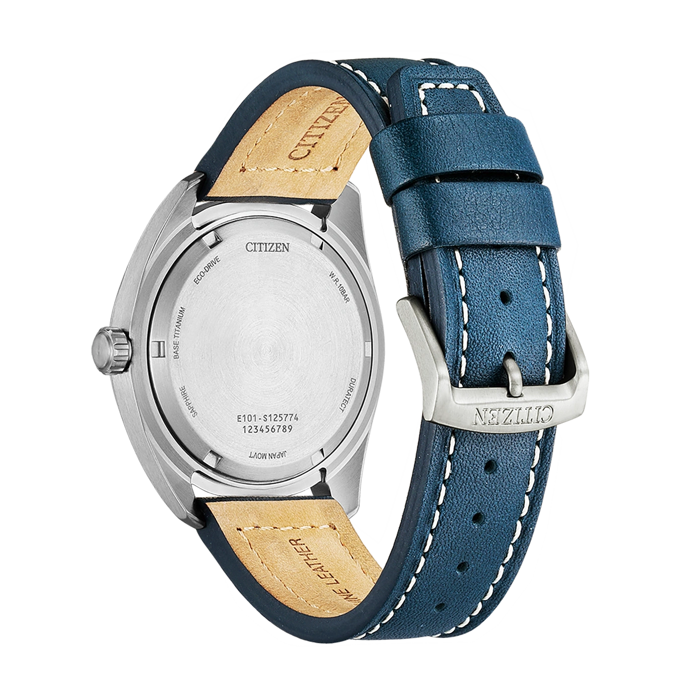 Citizen-Uhrrückseite, blaues Lederarmband, Saphir, Titan, Eco-Drive, W.R.10BAR