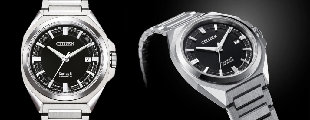 Citizen Series 8 Automatikuhr mit schwarzem Zifferblatt und silbernem Armband.