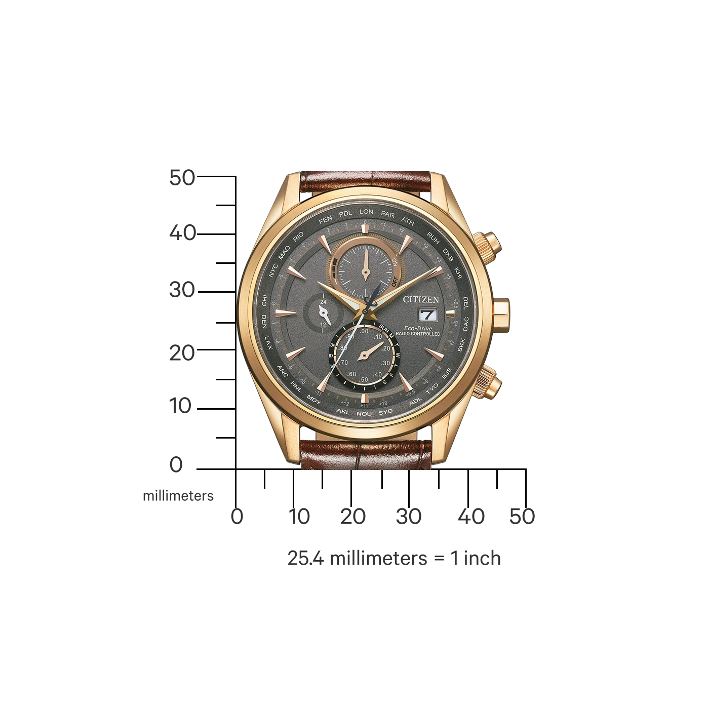 Citizen-Uhr mit goldenem Gehäuse, braunem Lederarmband und mehreren Zifferblättern.