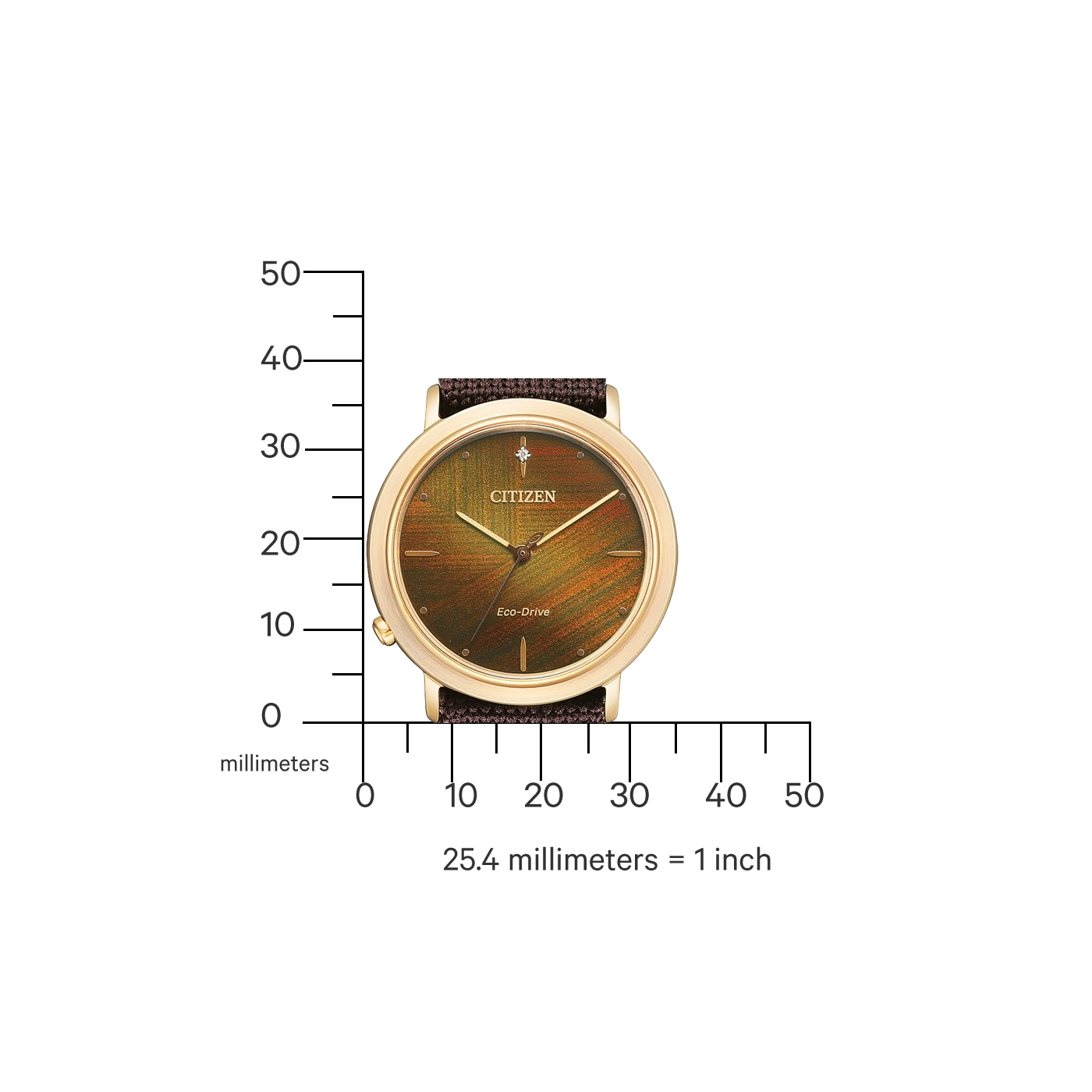 Citizen-Uhr mit goldenem Gehäuse und braunem Armband, Eco-Drive, mit Millimeterskala.