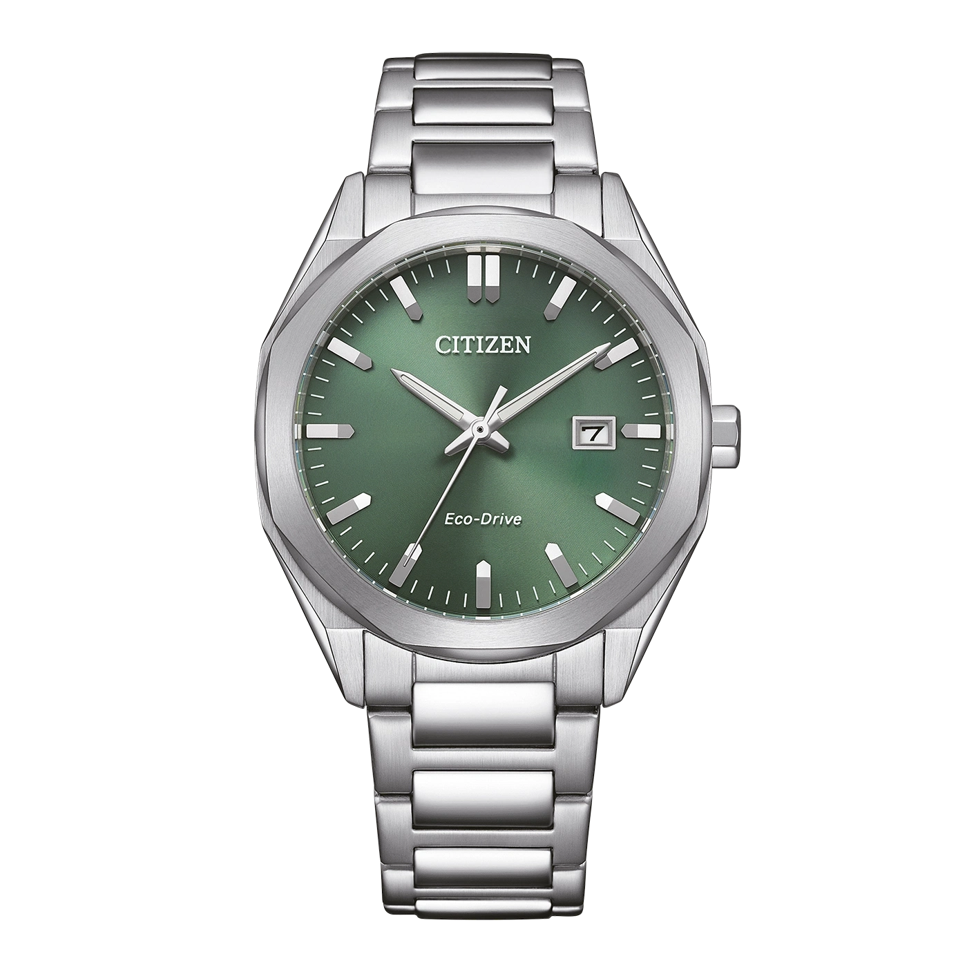 Eine silberne Citizen Eco-Drive Uhr mit grünem Zifferblatt und silbernem Armband.