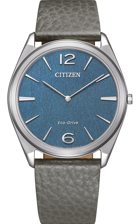Citizen-Uhr mit blauem Zifferblatt und grauem Lederarmband, elegantes Design.