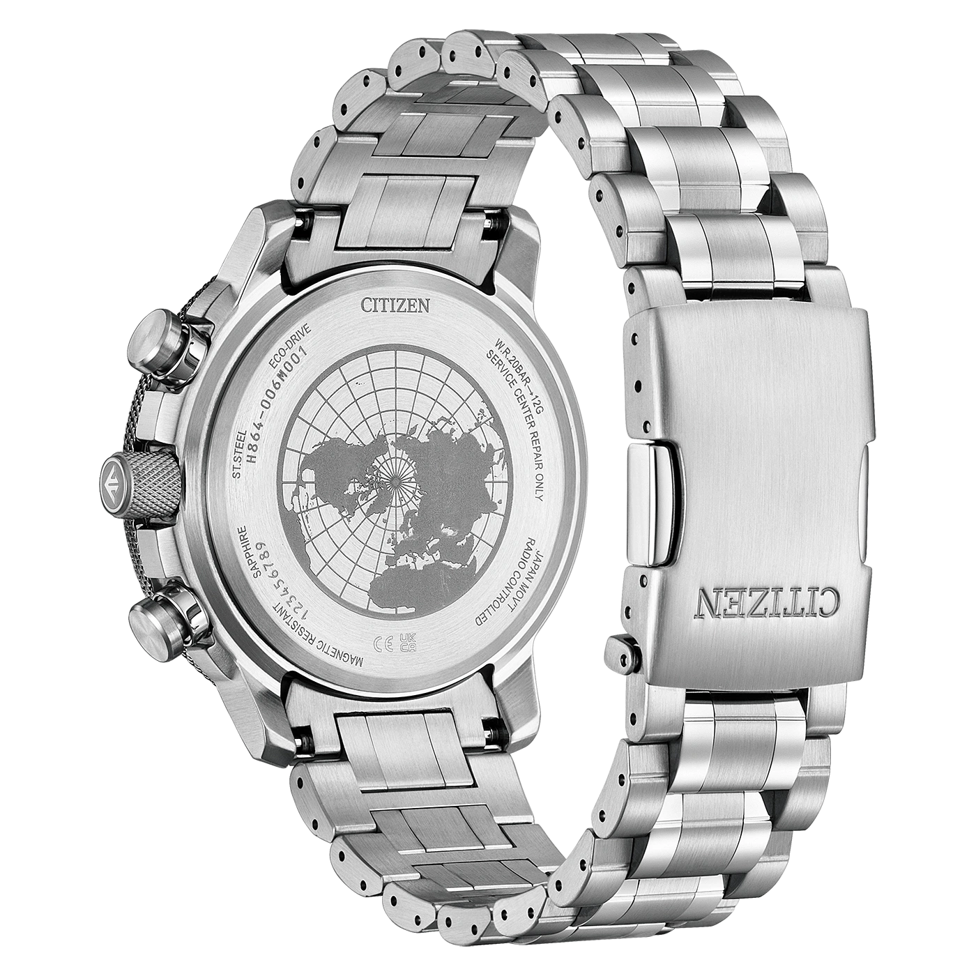 Citizen-Uhrenrückseite mit Details: Eco-Drive, Stahl und Weltkarten-Design.