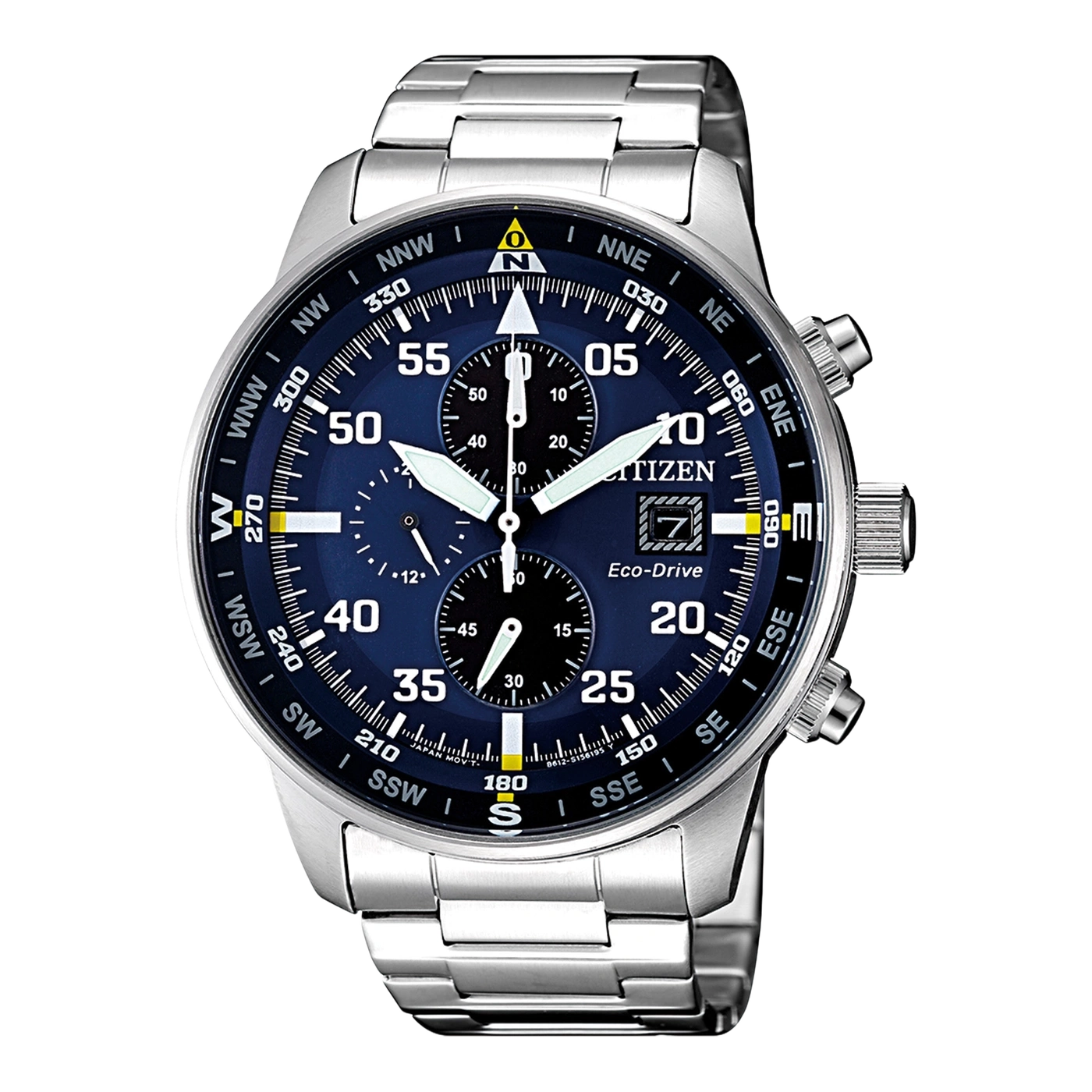 Citizen-Uhr mit Kompass und Chronographenfunktionen, Edelstahlarmband, blaues Zifferblatt.