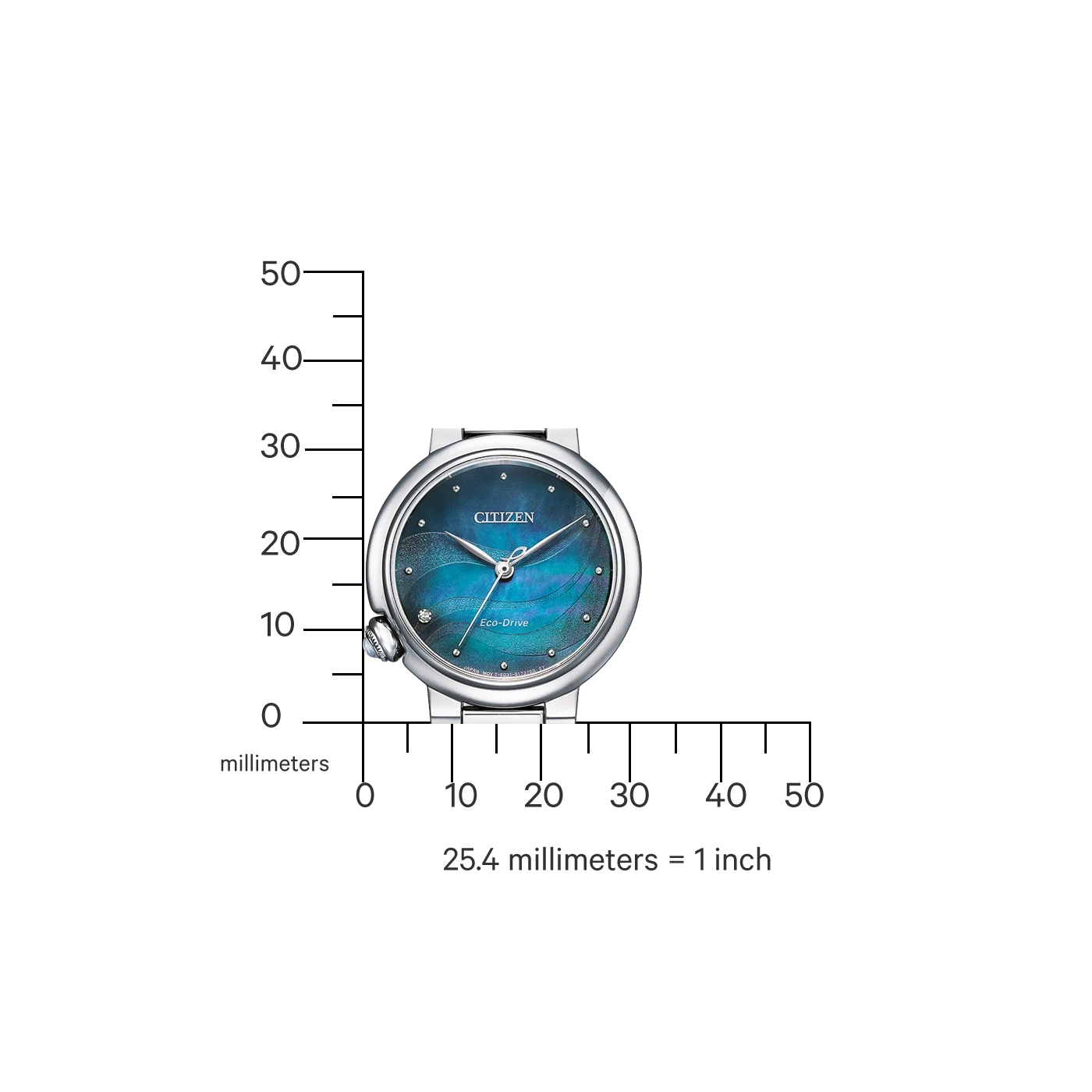Citizen-Uhr mit blauem Zifferblatt, Maßstab und Eco-Drive-Technologie.