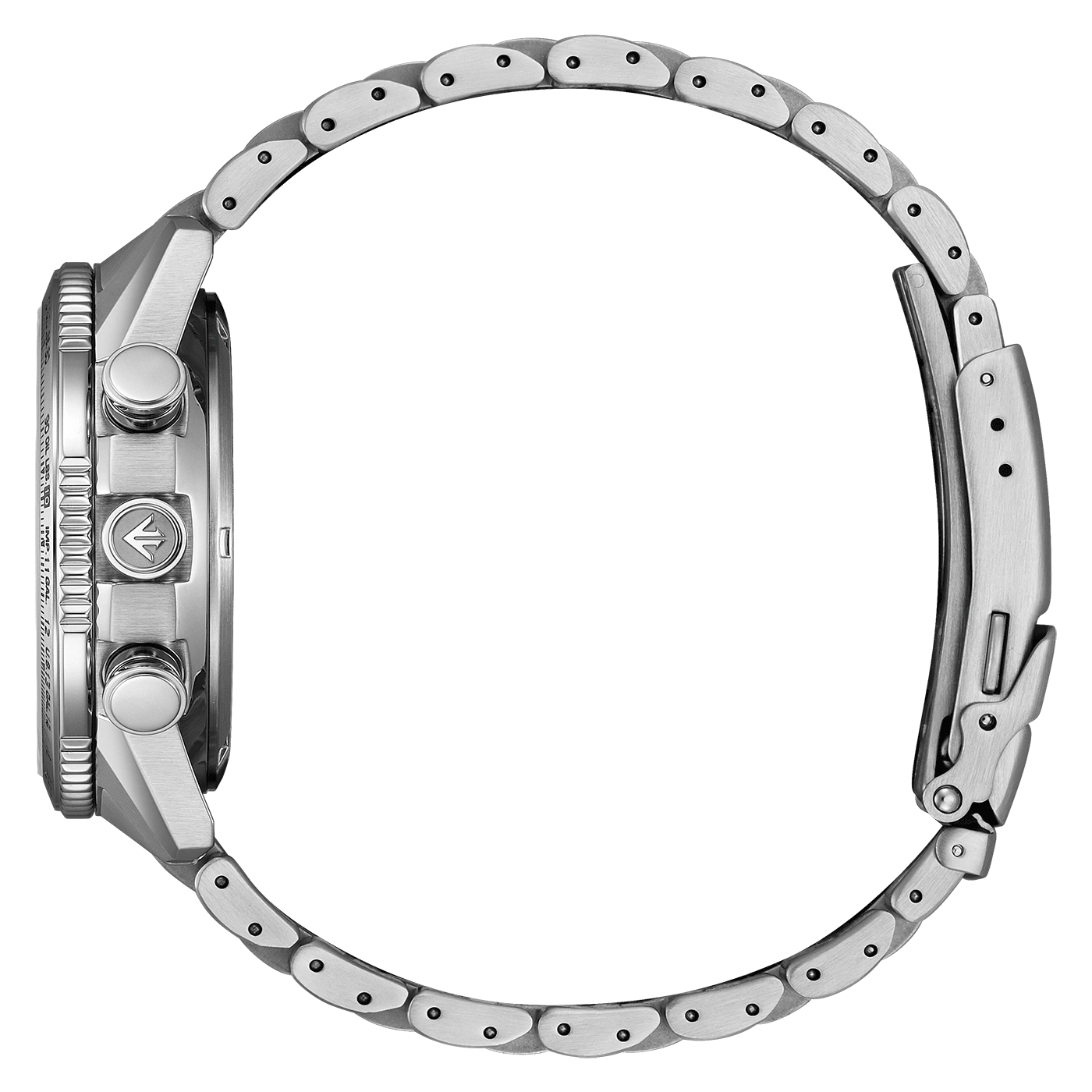 Seitenansicht einer silbernen Armbanduhr vor grünem Hintergrund.