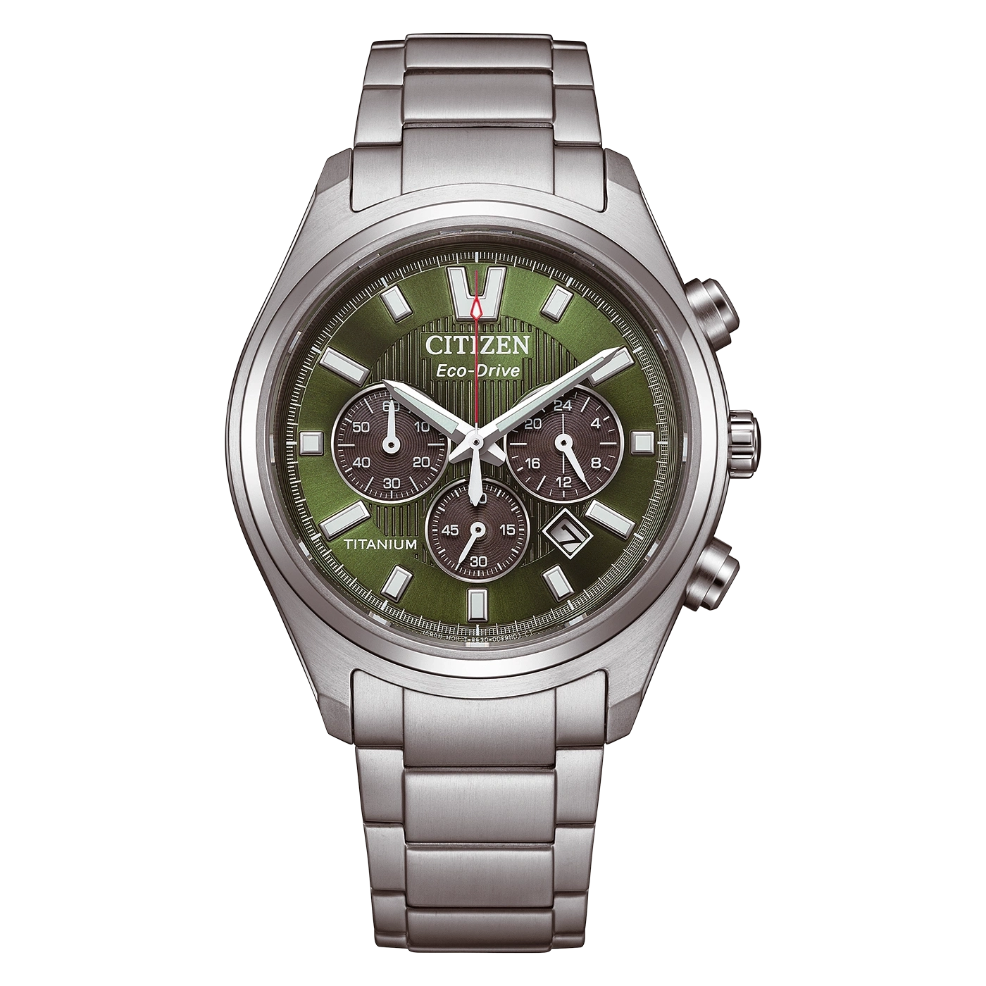 Eine Nahaufnahme einer silbernen Citizen Eco-Drive-Uhr mit grünem Zifferblatt und Titanarmband.