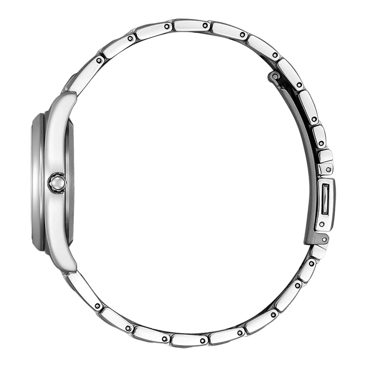 Seitenansicht einer silbernen Armbanduhr mit Metallband, elegantes Design.