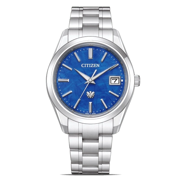 Citizen-Uhr mit blauem Zifferblatt und silbernem Armband, Datumsanzeige.