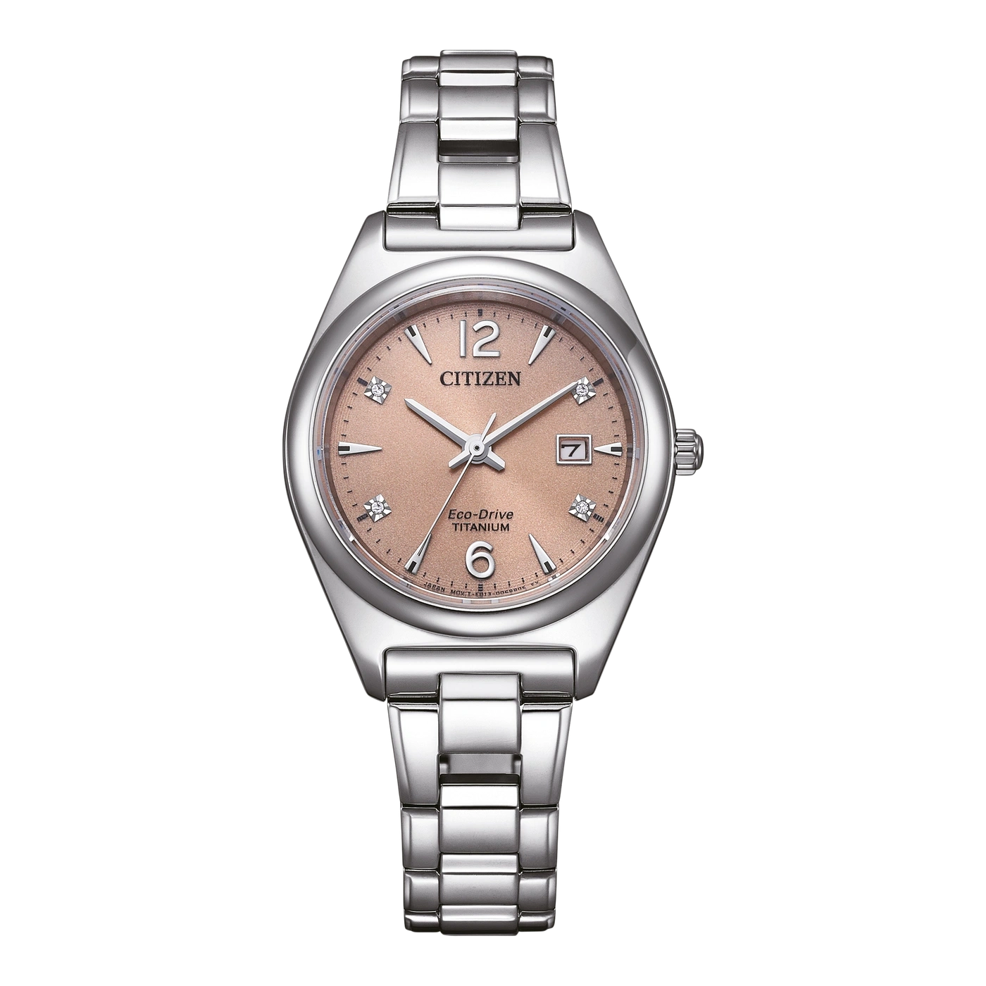 Citizen Eco-Drive Titanuhr mit rosafarbenem Zifferblatt und silbernem Armband.