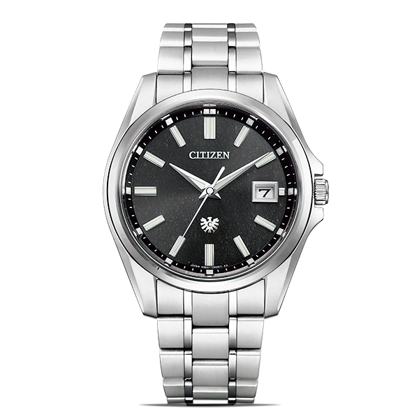 Citizen-Uhr mit schwarzem Zifferblatt und silbernem Armband, Datumsanzeige.
