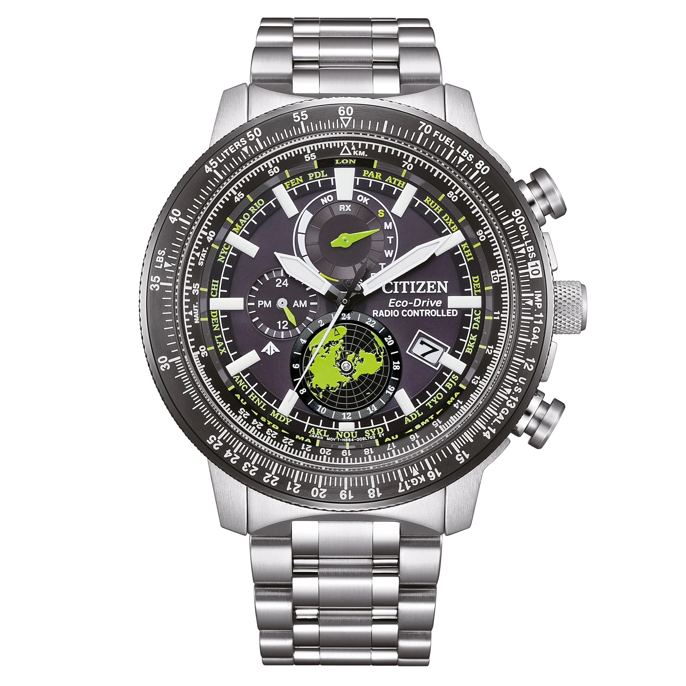 Citizen-Uhr mit schwarzem Zifferblatt, silbernem Armband und mehreren Funktionen für Zeit und Luftfahrt.