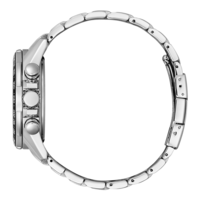 Seitenansicht einer silbernen Armbanduhr mit kreisförmigem Armband.