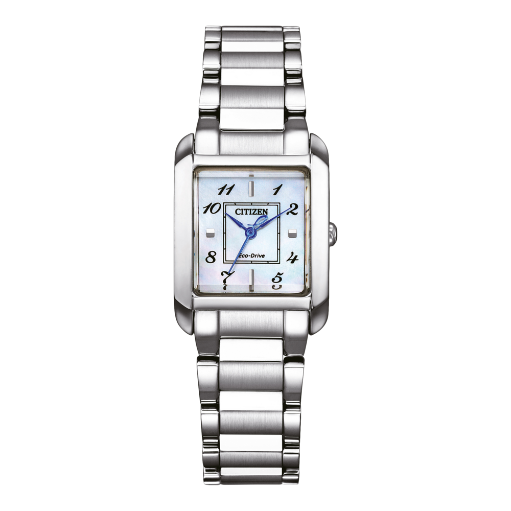 Citizen-Uhr mit rechteckigem Zifferblatt und silbernem Armband, Eco-Drive-Technologie.