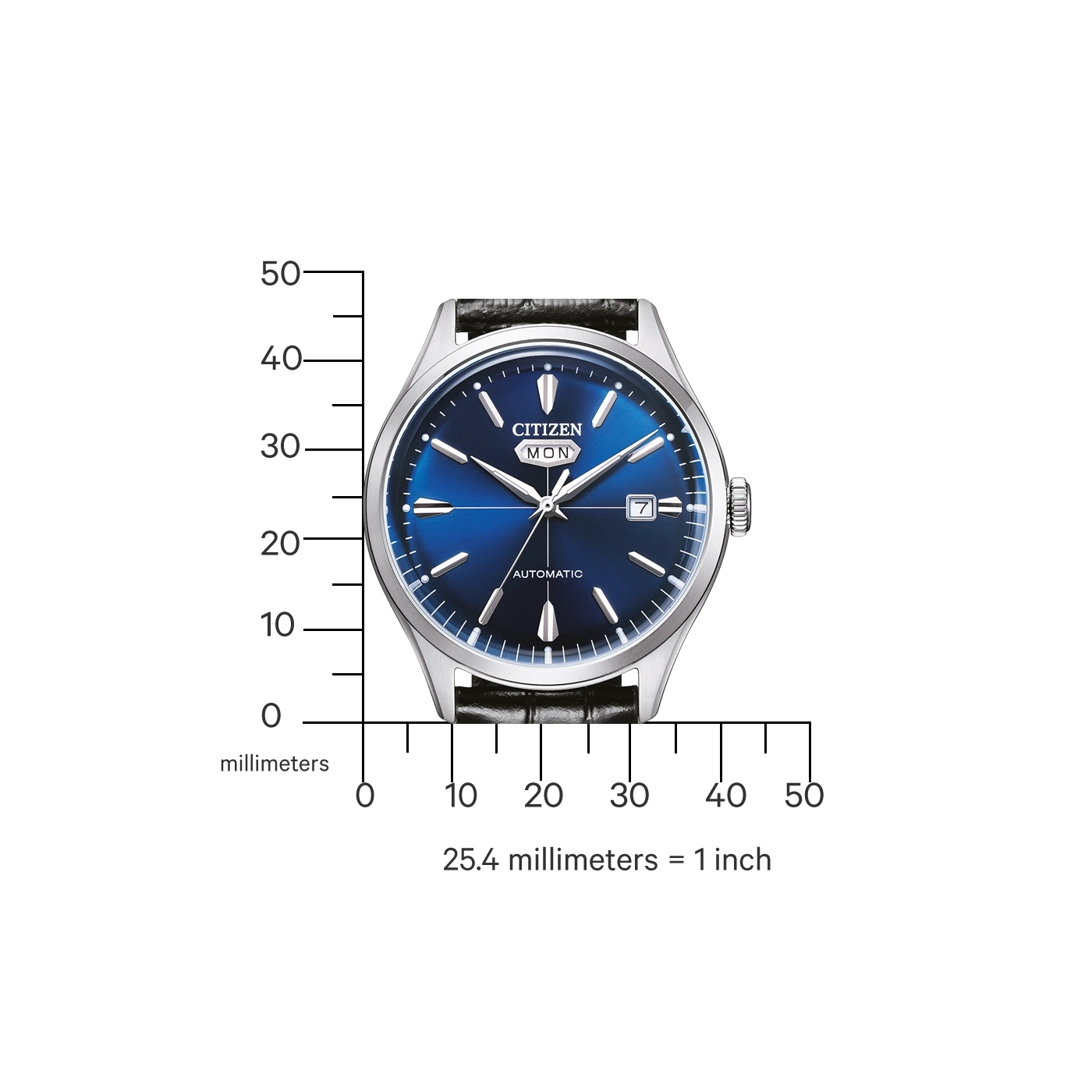 Citizen-Uhr mit blauem Zifferblatt, Automatik, Tages- und Datumsanzeige, mit schwarzem Lederarmband.