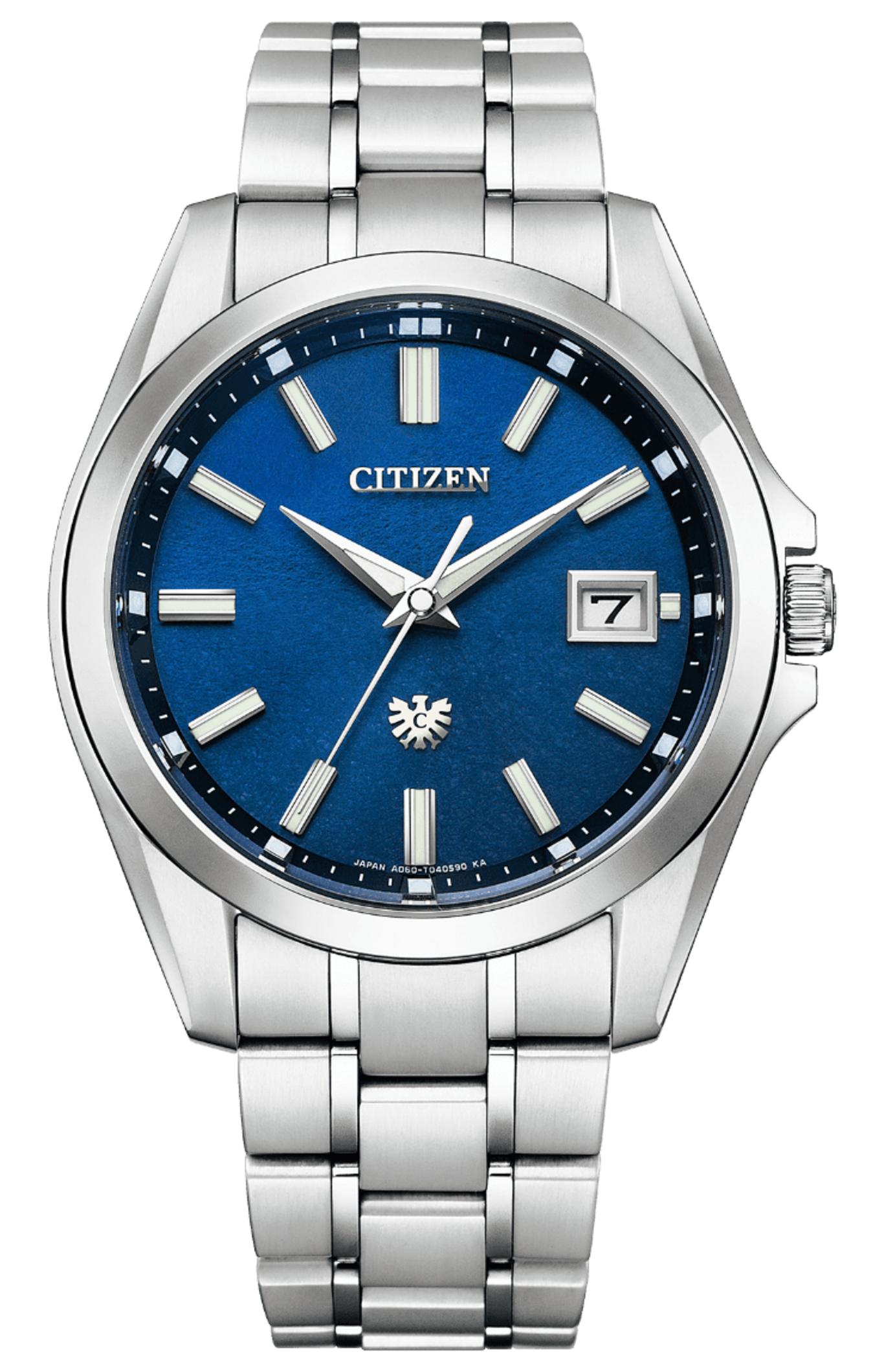 Citizen-Uhr mit blauem Zifferblatt und silbernem Armband, Datumsanzeige.