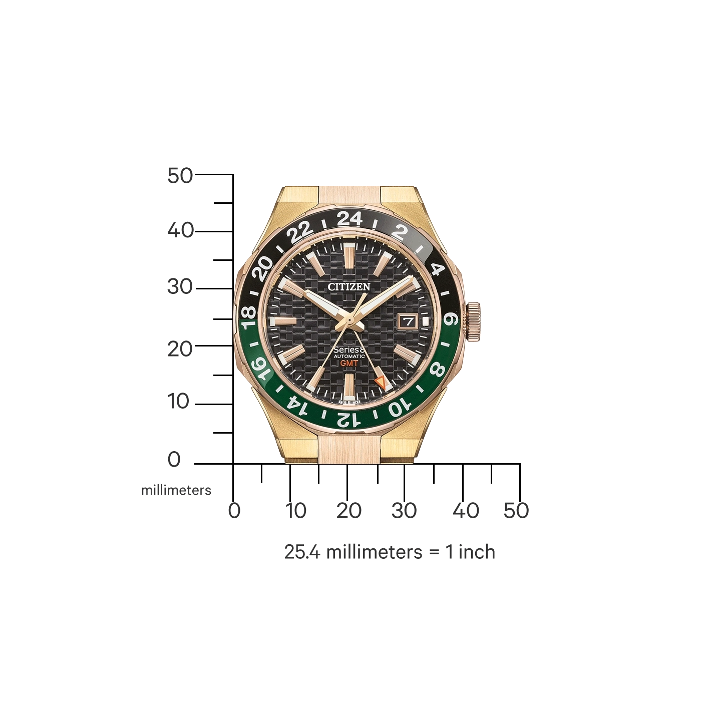 Citizen-Uhr mit goldenem Gehäuse, schwarzer und grüner Lünette und schwarzem Zifferblatt.