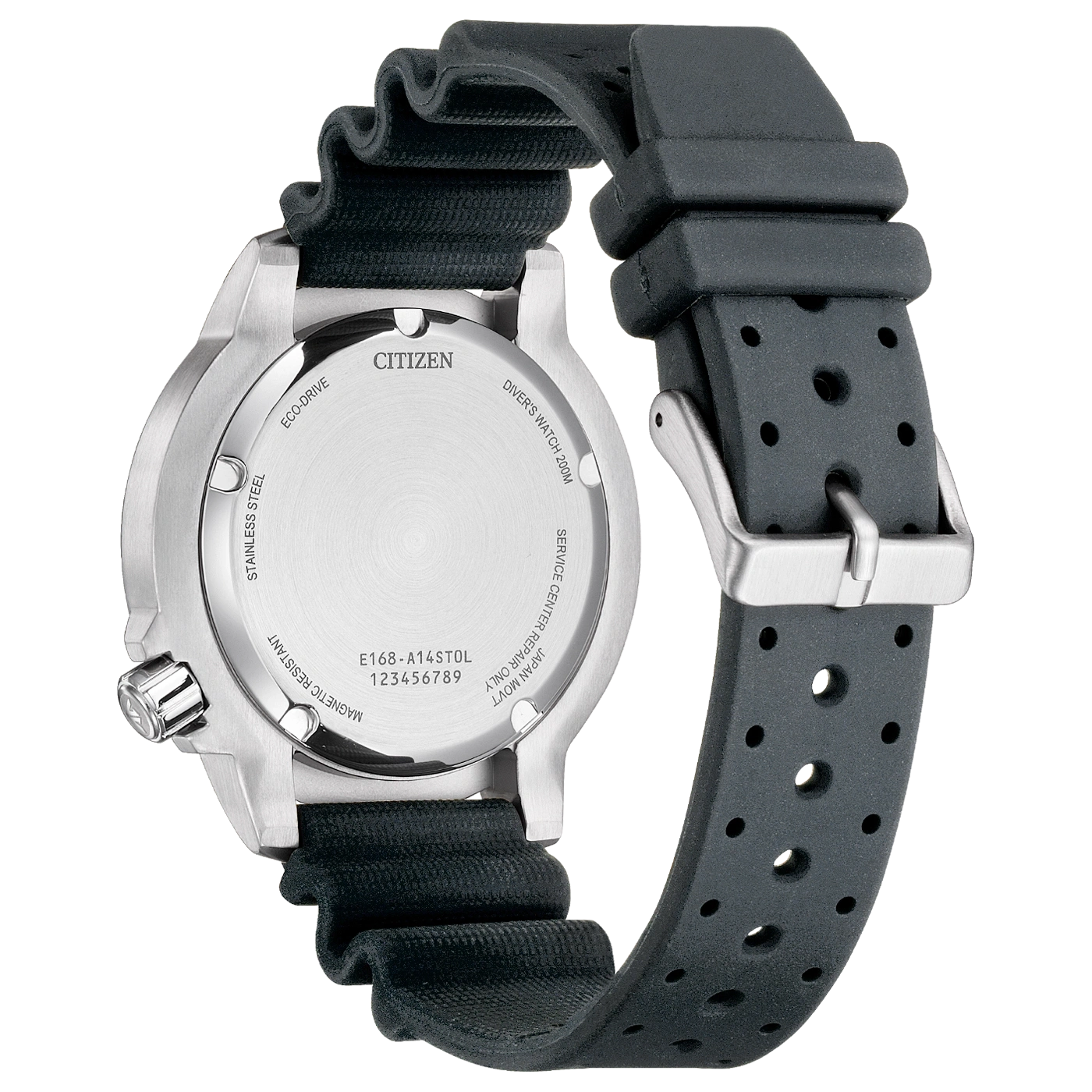 Citizen Taucheruhr mit schwarzem Kautschukarmband, zeigt Gehäusebodendetails.