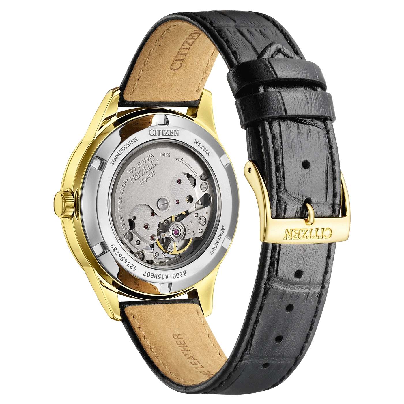 Citizen-Uhr mit goldenem Gehäuse und schwarzem Lederarmband, Rückseite sichtbar.