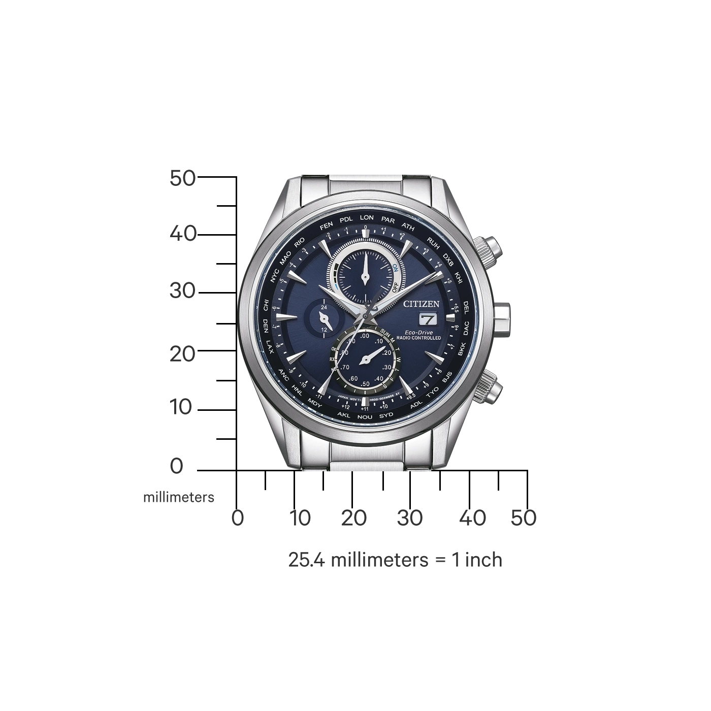 Citizen-Uhr mit blauem Zifferblatt, silbernem Armband und Zeitzonenanzeigen.