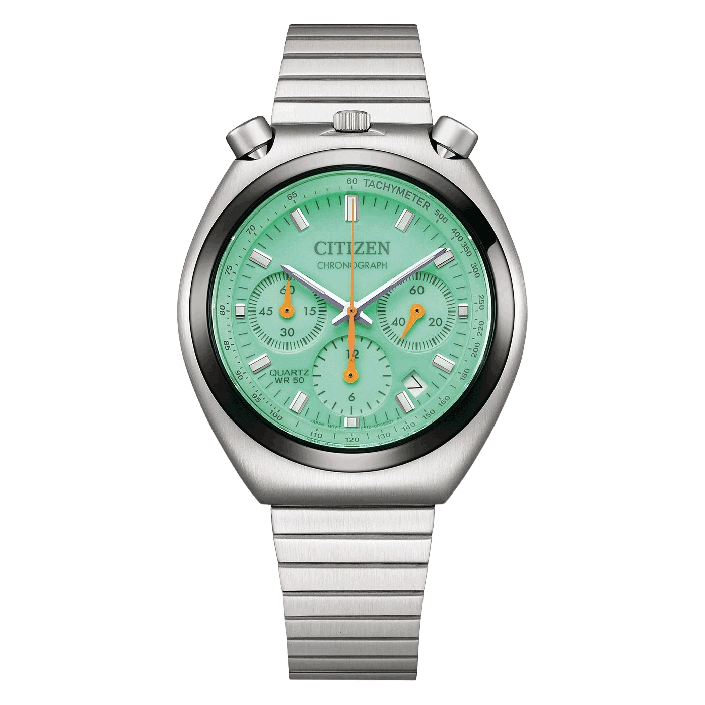 Eine mintgrüne Citizen-Chronographenuhr mit Edelstahlarmband.