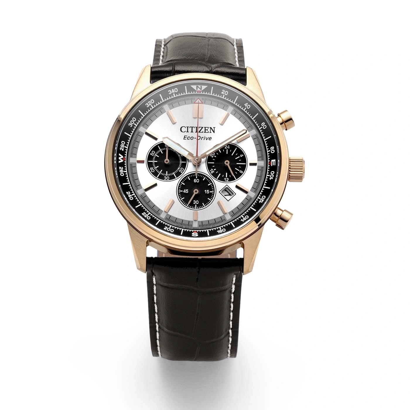 Eine Citizen Eco-Drive Uhr in Roségold mit weißem Zifferblatt und schwarzem Lederarmband.