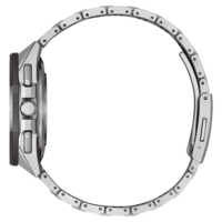 Seitenansicht einer silbernen Armbanduhr mit Metallband und rundem Zifferblatt.