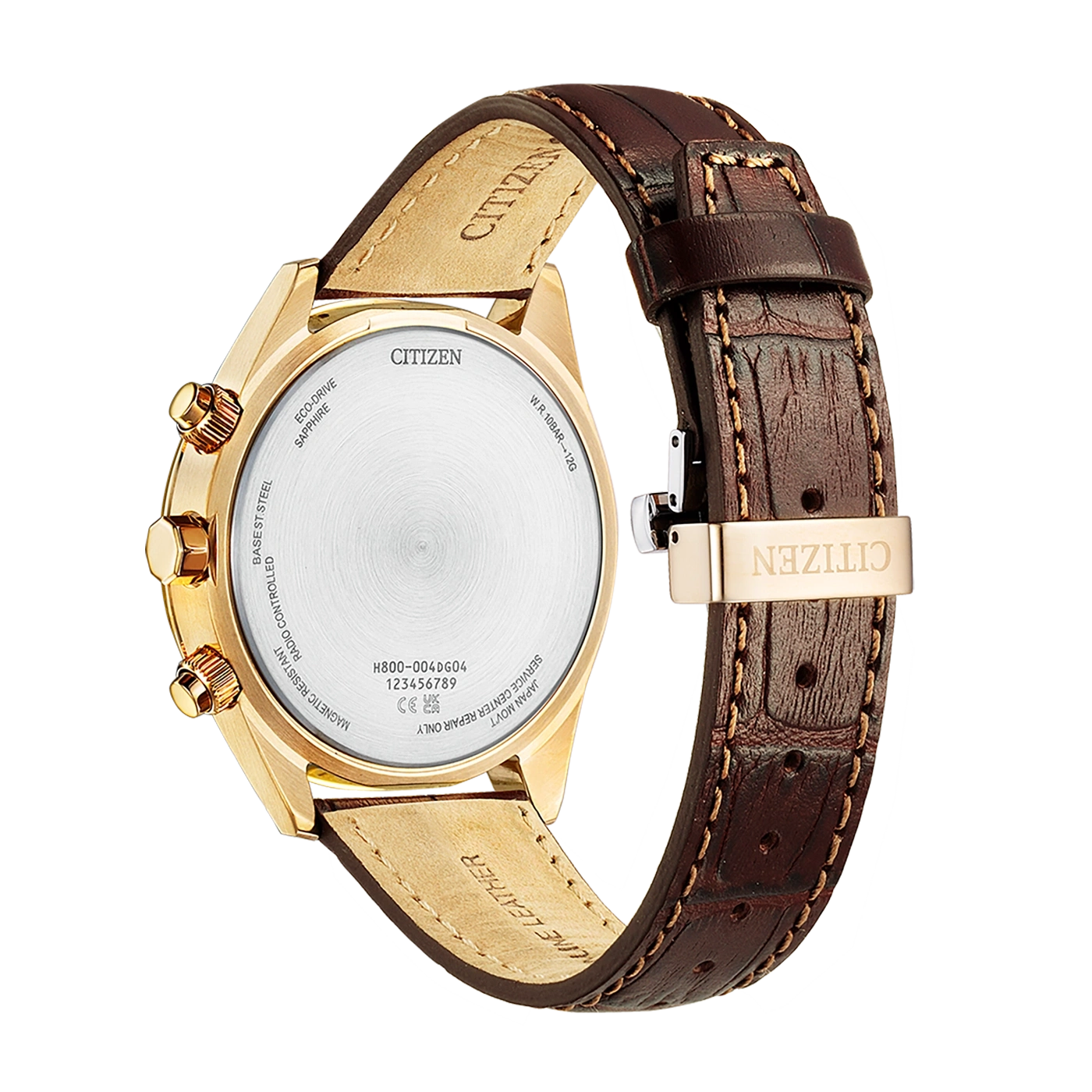 Citizen-Uhr, goldfarbenes Gehäuse, braunes Lederarmband, Eco-Drive, Saphirglas.