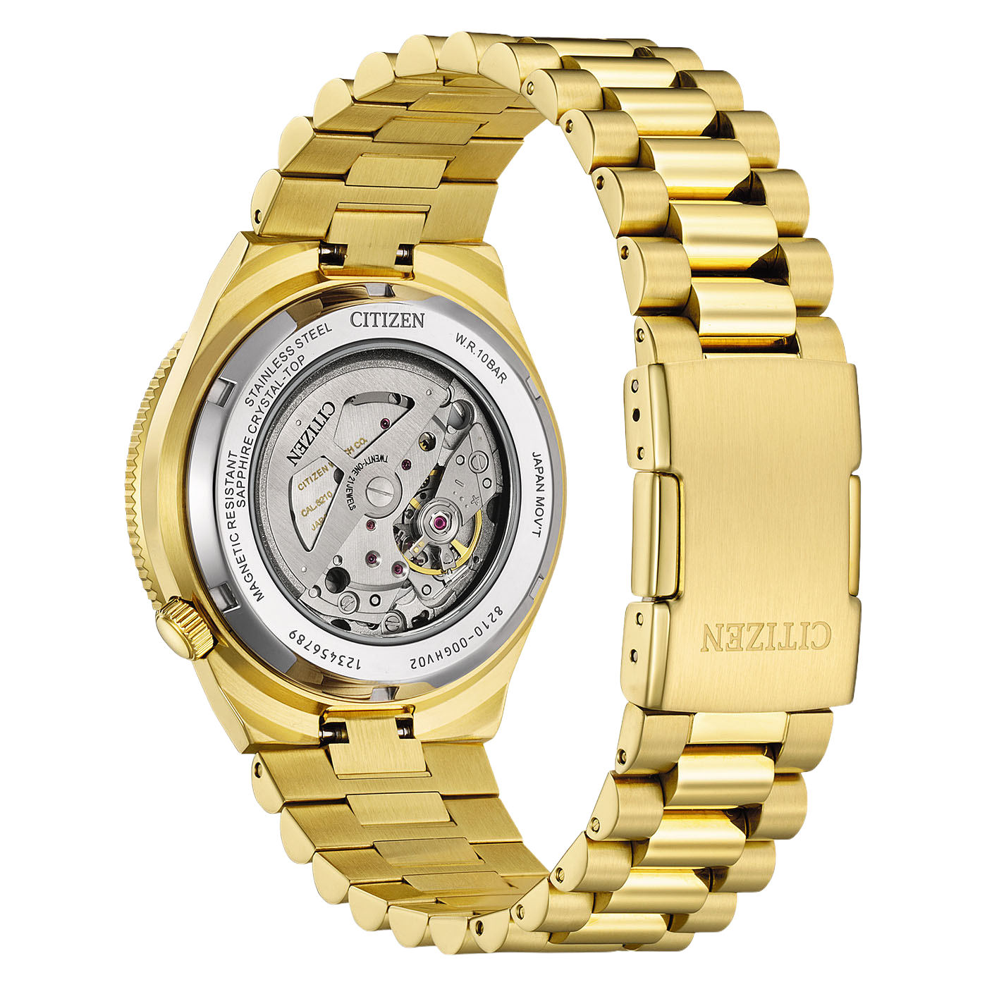 Eine goldene Citizen-Uhr mit offenem Gehäuseboden, der das Uhrwerk zeigt.