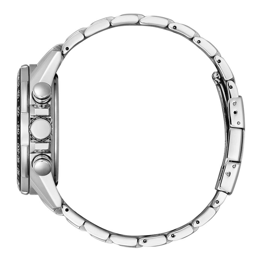Seitenansicht einer silbernen Armbanduhr mit kreisförmigem Armband.