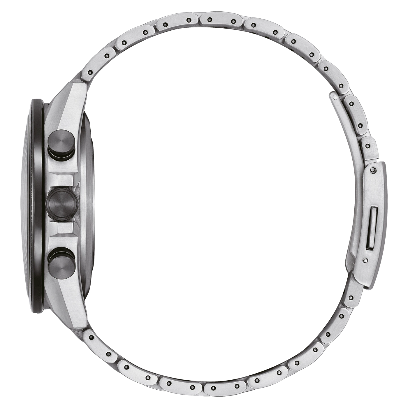 Seitenansicht einer silbernen Armbanduhr mit Metallband auf grünem Hintergrund.