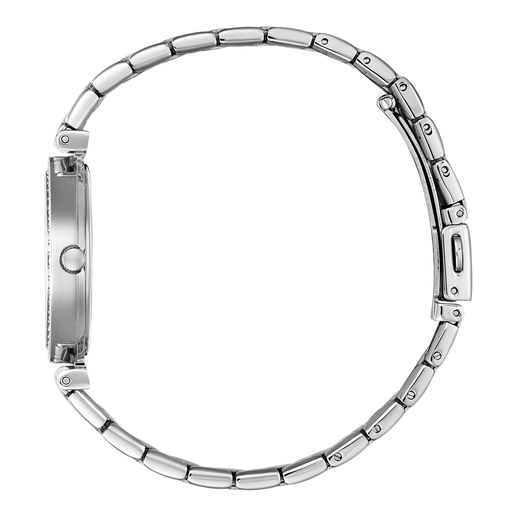 Silberne Uhr mit rundem Zifferblatt und filigranem Armband, Seitenansicht.