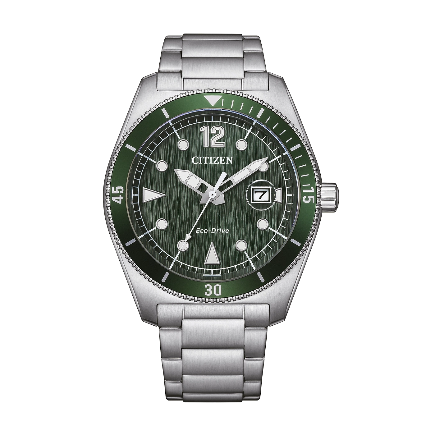 Eine grüne Citizen Eco-Drive Uhr mit Metallarmband.