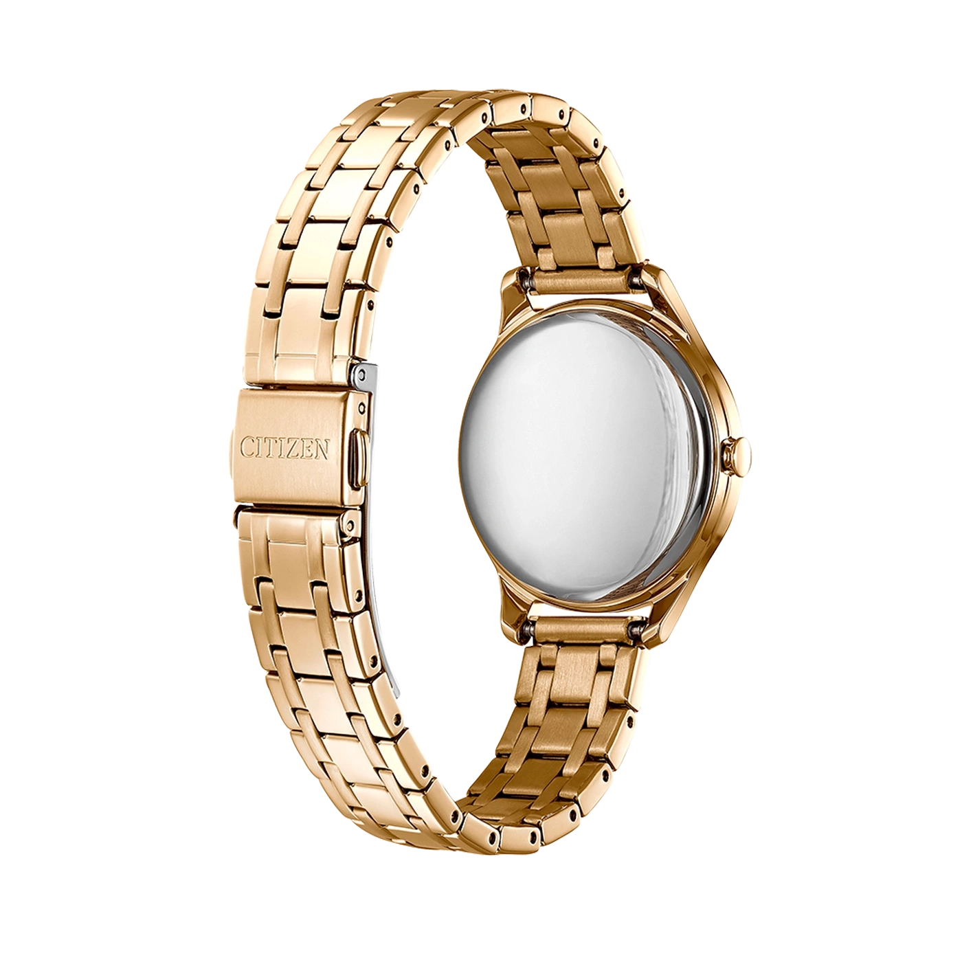 Goldene Citizen-Uhr, Rückansicht, mit Details zu Verschluss und Armband.