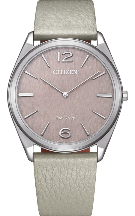 Citizen-Uhr mit hellgrauem Lederarmband und einem rosafarbenen Zifferblatt.