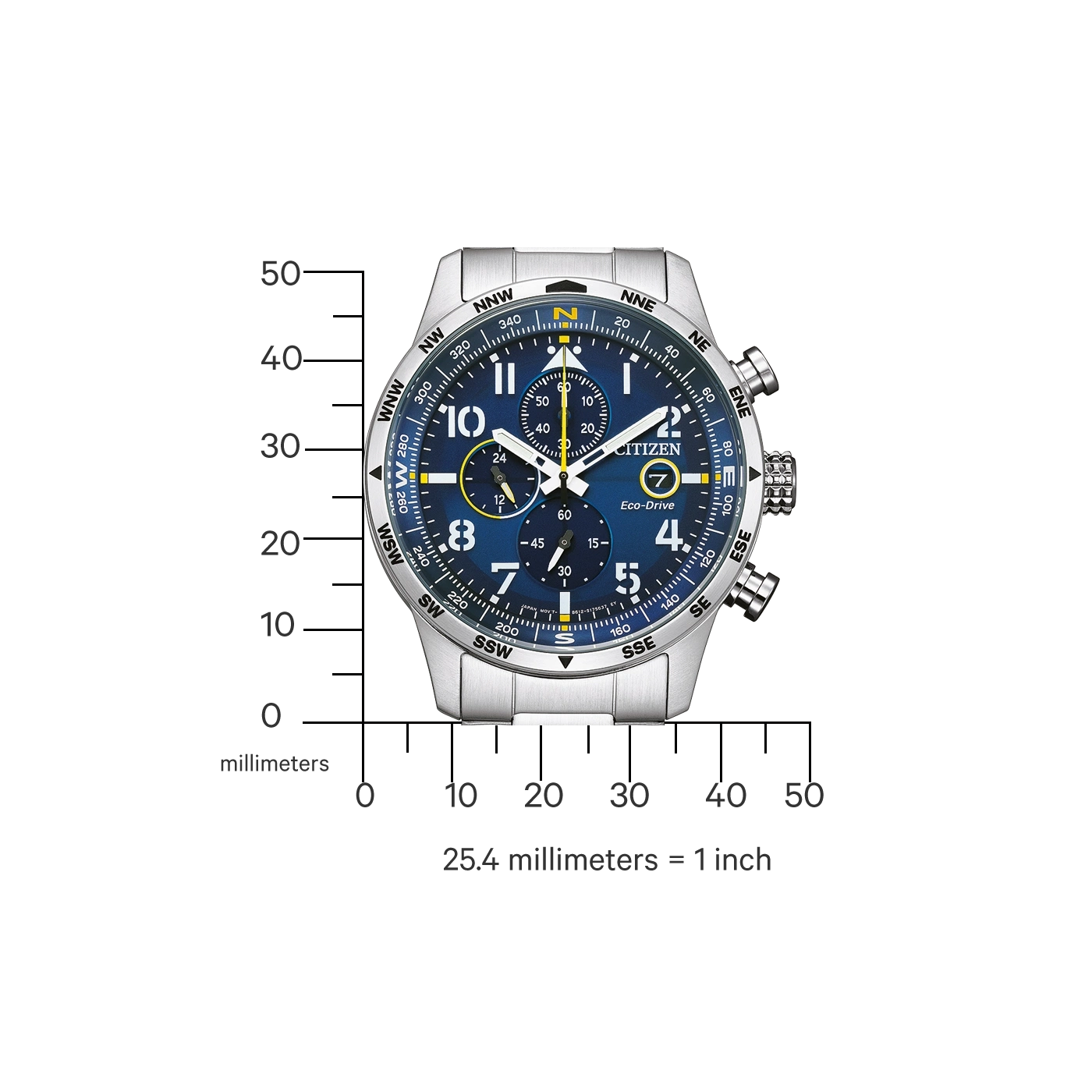 Citizen-Uhr mit blauem Zifferblatt, Chronograph und Kompassmarkierungen, Messung in Millimetern.