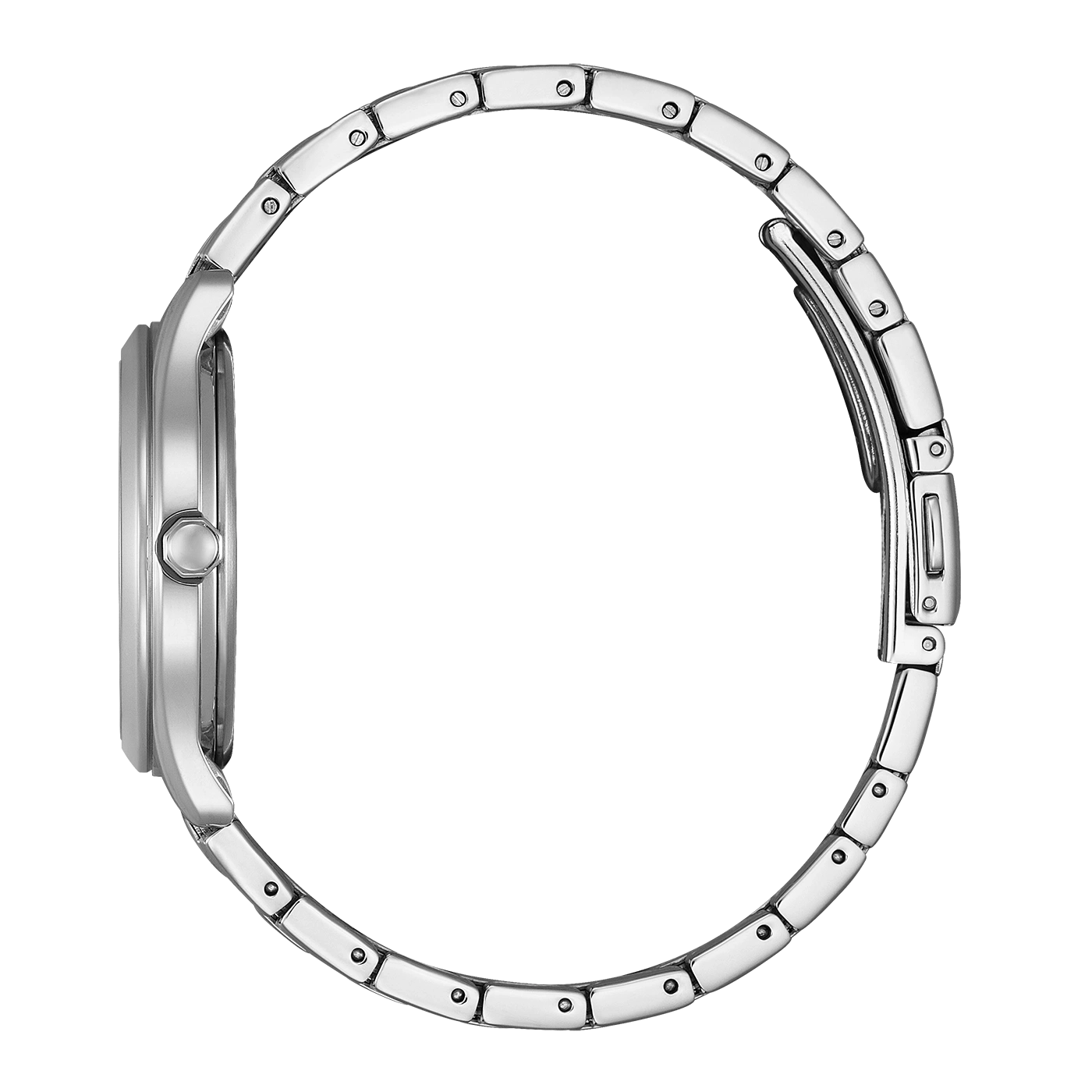 Seitenansicht einer silbernen Uhr mit Metallarmband