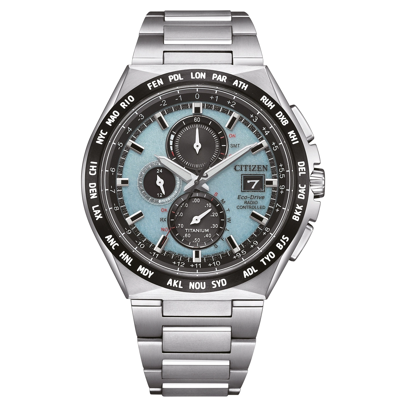 Citizen-Uhr mit Weltzeit, Titan, Eco-Drive, funkgesteuert, blaues Zifferblatt.