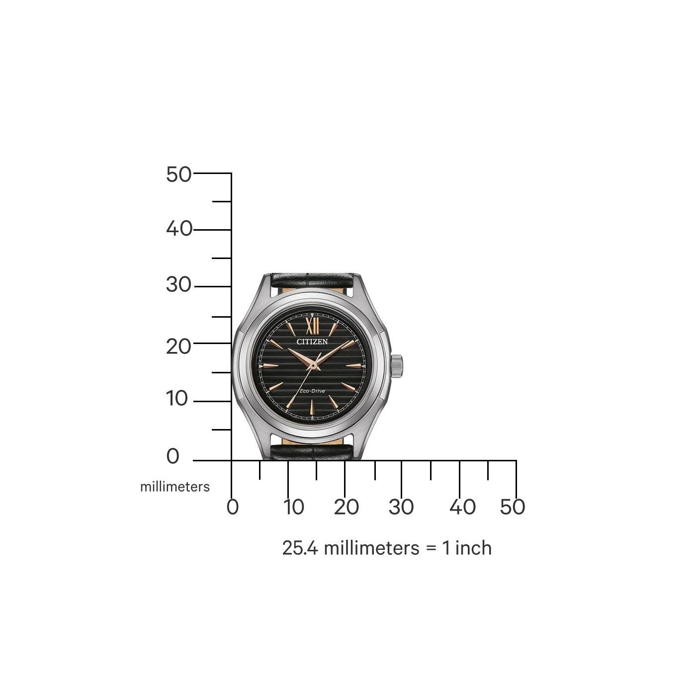 Citizen-Uhr mit schwarzem Zifferblatt und silbernem Gehäuse, Maßstab in Millimetern.