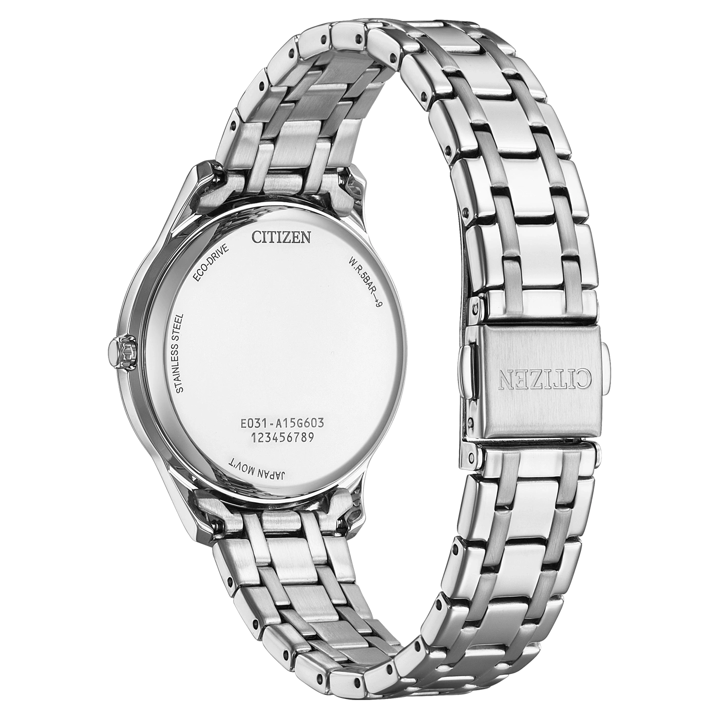 Citizen-Uhrrückseite, Edelstahl, Eco-Drive, Japan Mov't, W.R.5BAR-9, Modellnummer.