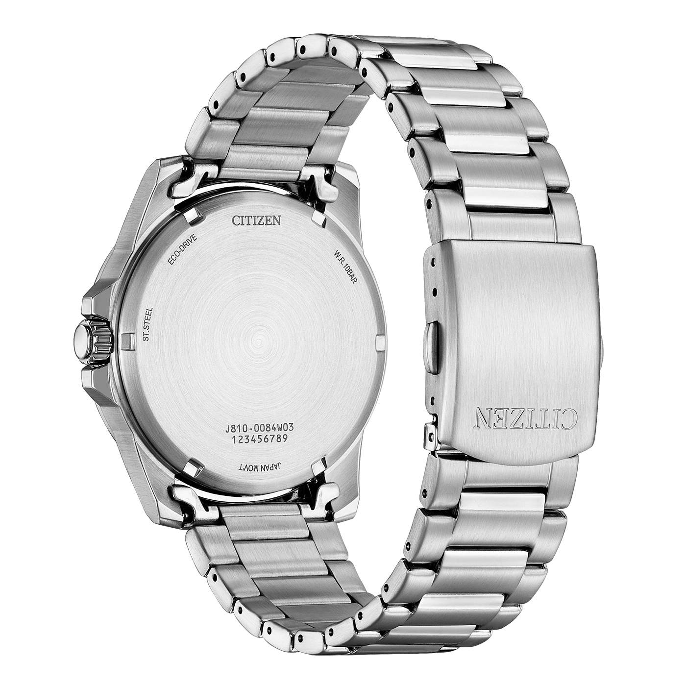 Citizen-Uhrenrückseite, Edelstahl, Eco-Drive, W.R. 10BAR, Japan Movt.