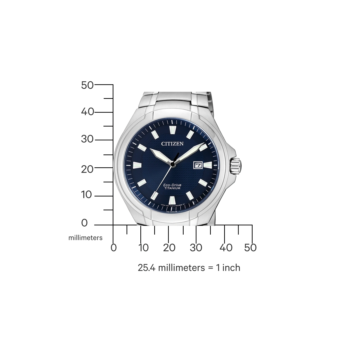 Citizen-Uhr mit blauem Zifferblatt und Titanband, Eco-Drive-Technologie.