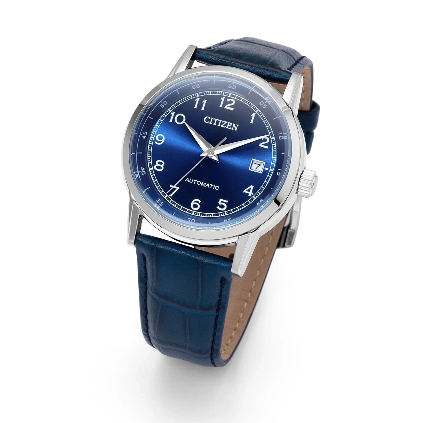 Eine blaue Citizen Automatik-Uhr mit Lederarmband.