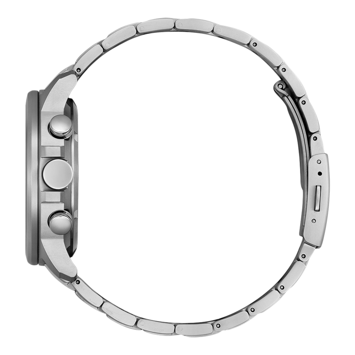 Seitenansicht einer silbernen Armbanduhr mit Metallband und Knöpfen.